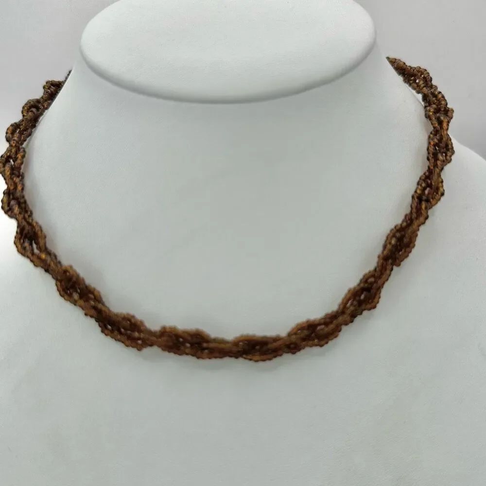 Brown beaded multi strand twisted necklace